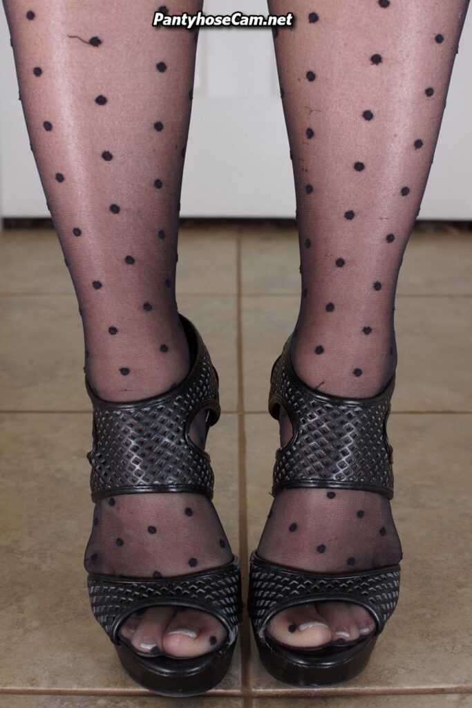Black Polka Dot Pantyhose and High Heel Pantyhose Feet and Nylon Feet